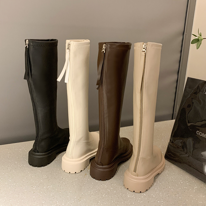 Casual Women Beige Brown Low Heels Knee Thigh High Soft Leather Platform Cowboy Winter Designer Punk Long Boots 35-42
