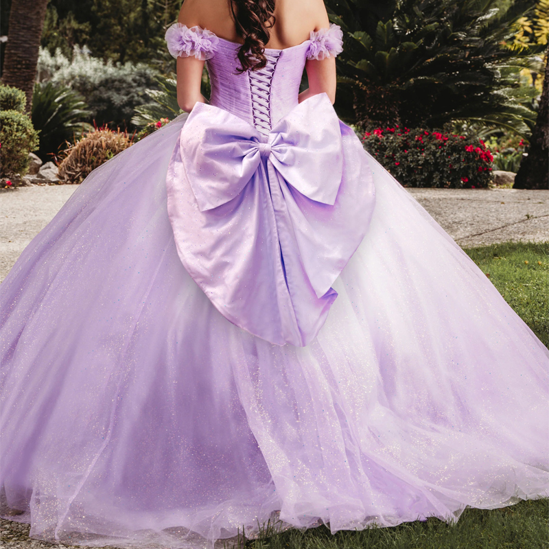 Lilac Shiny Quinceanera Dresses Ball Gown Off The Shoulder Birthday Party Bow Tull Tiered Corset Sweet 16 Dress Vestido De 15 Anos