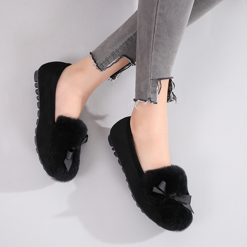 c0fa0 Bowtie Riband fur Rabbit flats women round toe plush cotton moccasins shoes woman slip on warm furry loafers big size 35-43 ry