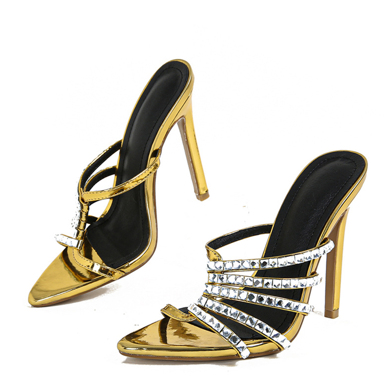 Summer Liyke Fashion New Golden High Heels Modern Slippers For Women Crystal Rhie Narrow Band Sandal Female Party Prom Shoes 3968