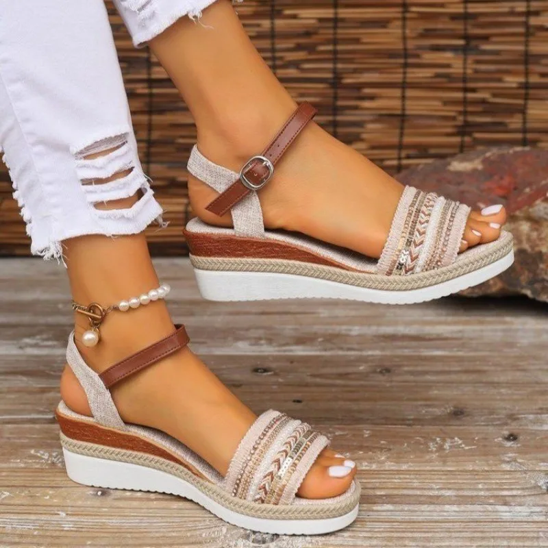 New Wedge Platform Women's Summer Pu Leather Ankle Strap Gladiator Sandals Women Non-Slip Thick Bottom Sandalias De Mujer adcc
