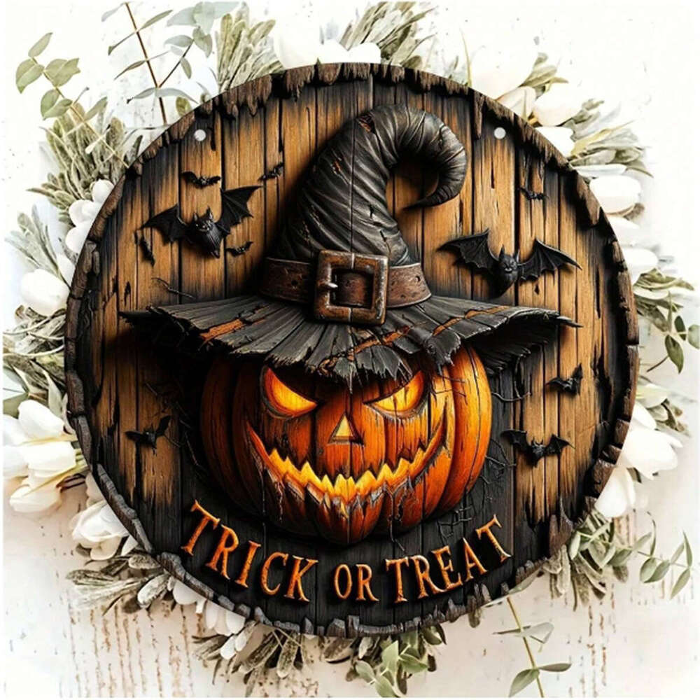Halloween Wreath Retro Pumpkin Head Horror Art Decoration, Home Garden Courtyard Wooden Hanging Pendant