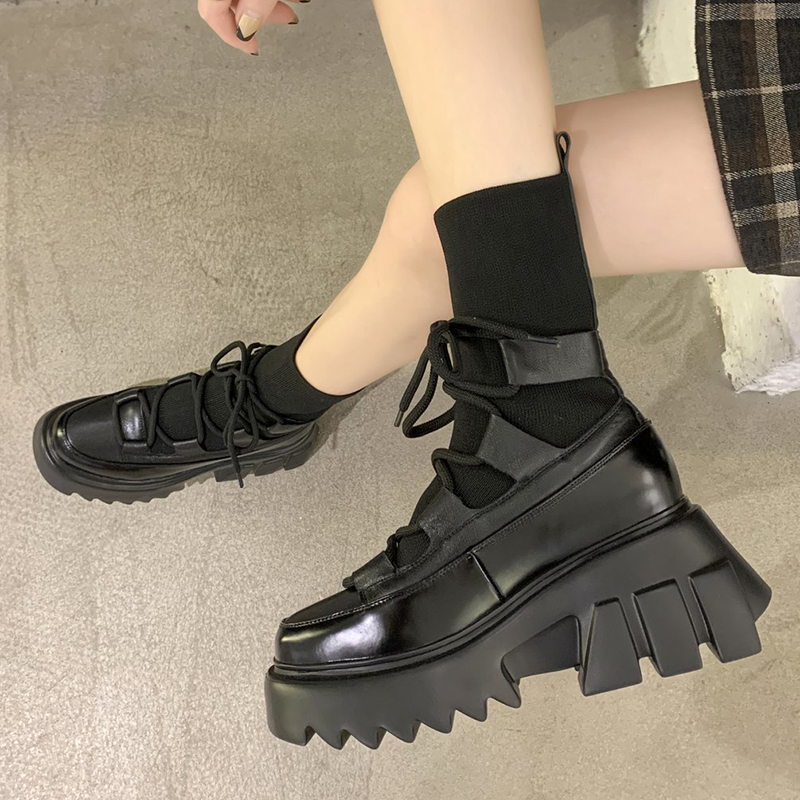 Rimocy Elastic Knitting Chunky Ankle Boots for Women Black Wedges Platform Sock Boots Woman Fashion Lace Up High Heels Shoes