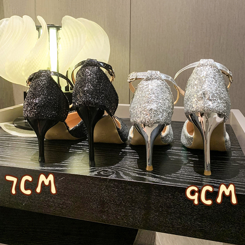 Heels High Wedding Bride Shoes New Quality 2024 Ankle Buckle Stiletto Heel Women Sier Sequins Pointed Toe Pumps Ladies 9E25