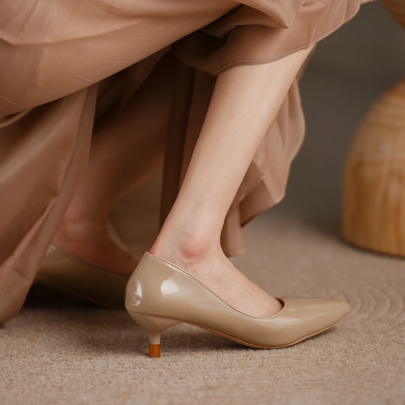 Grey Patent Leather Low Heels Stiletto Women Simple Comfort Work Shallow Mouth Pointed Casual Shoes Fashion Pumps c097