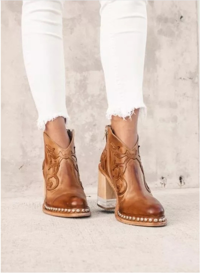 New 2023 Women Ankle Cool British Style Square Heel Embroidered Ladies Casual Shoe Soft Sole Party Female Short Boots f374