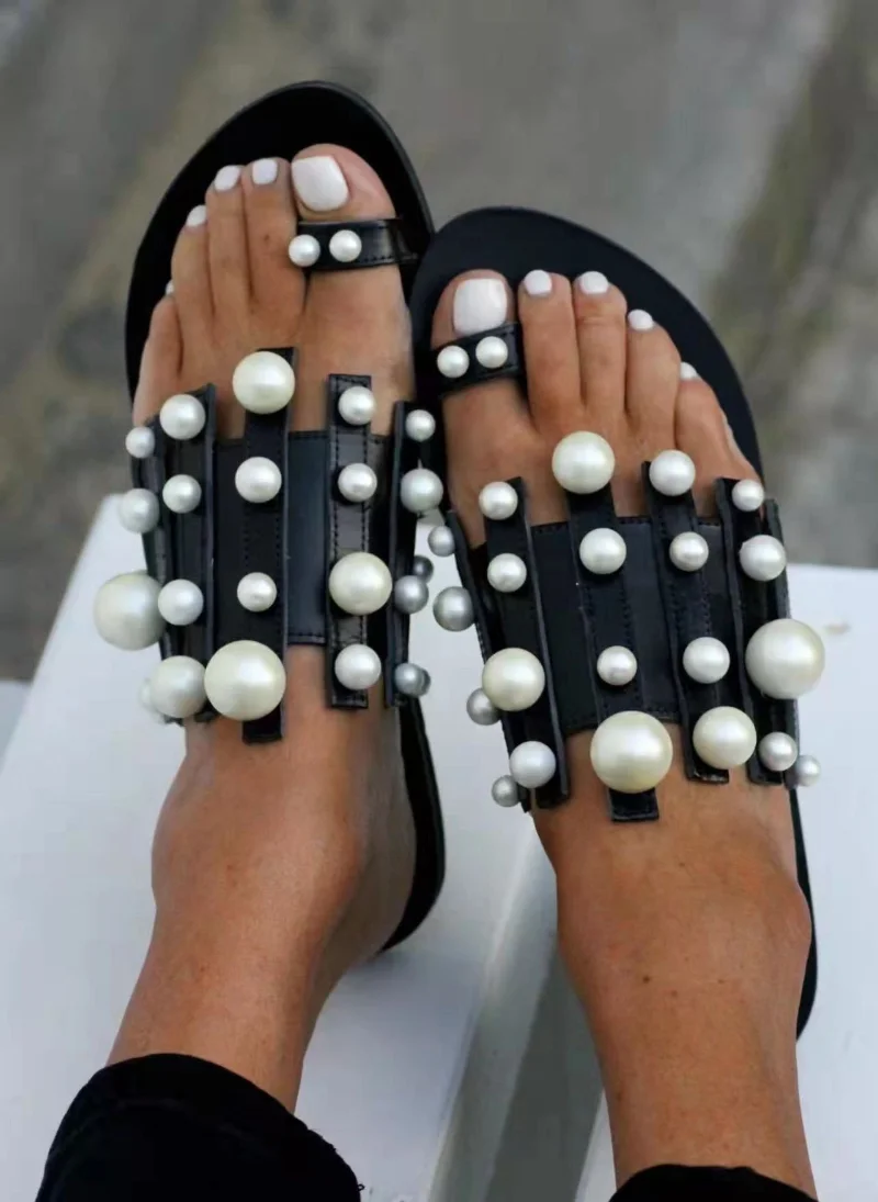 Plus Size 43 Women's Flip Flops Summer Pearl Decoration Low Heel Slippers Casual Outside Flat Slides Sandal Shoe