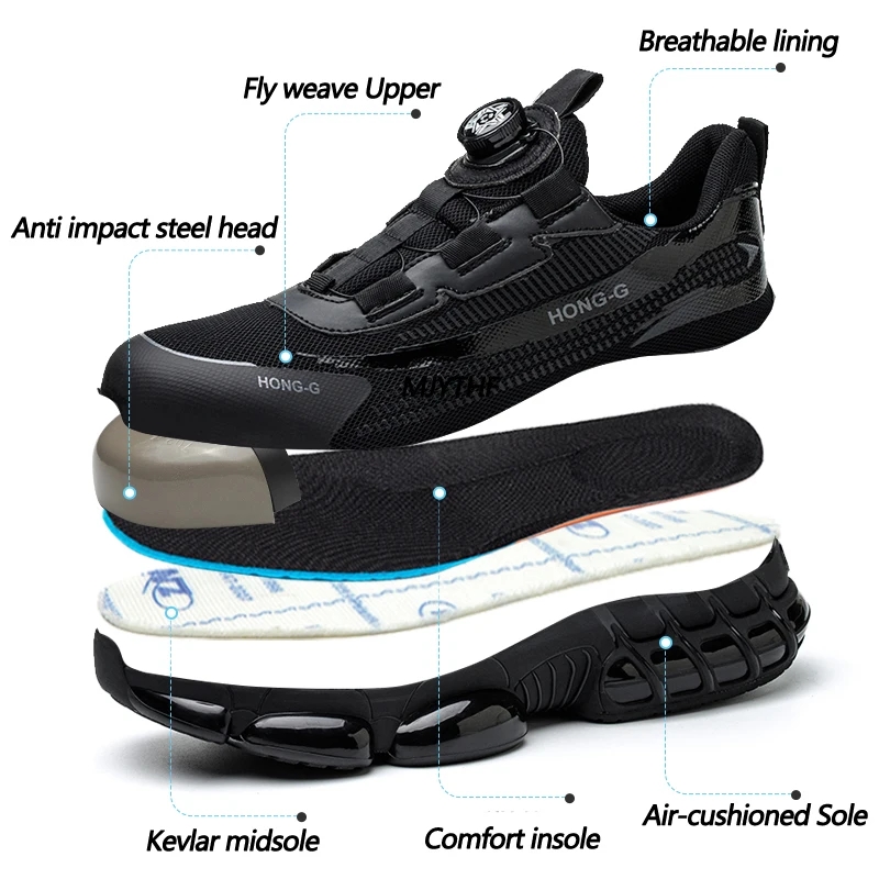 Rotating Button Work Sneaker Air Cushion Steel Toe Safety Boots Anti-Smash Work Shoes Men Indestructible Protective Safety Shoes