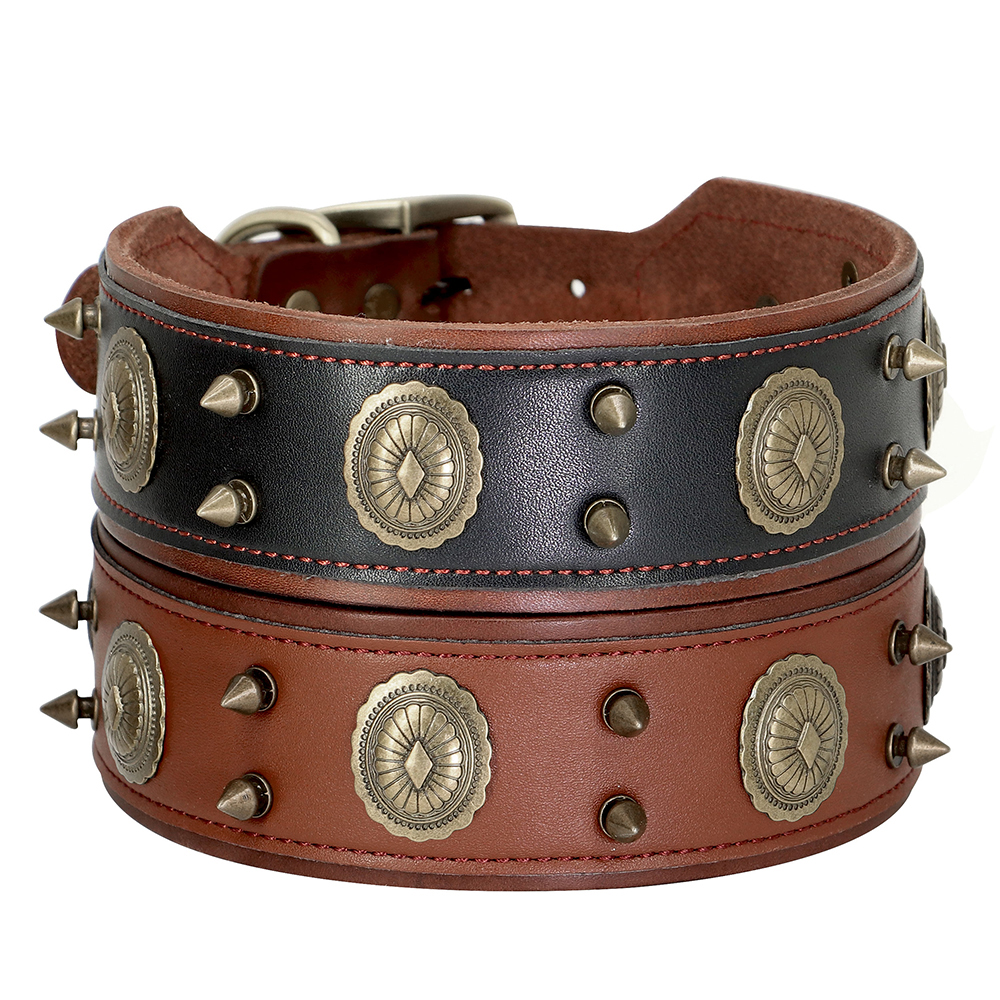 Dog Collars Genuine Leather Dog Collar 2inch Wide Cool Spikes Durable Collars for Medium Large Dogs German Shepherd Pitbull Correa H250219