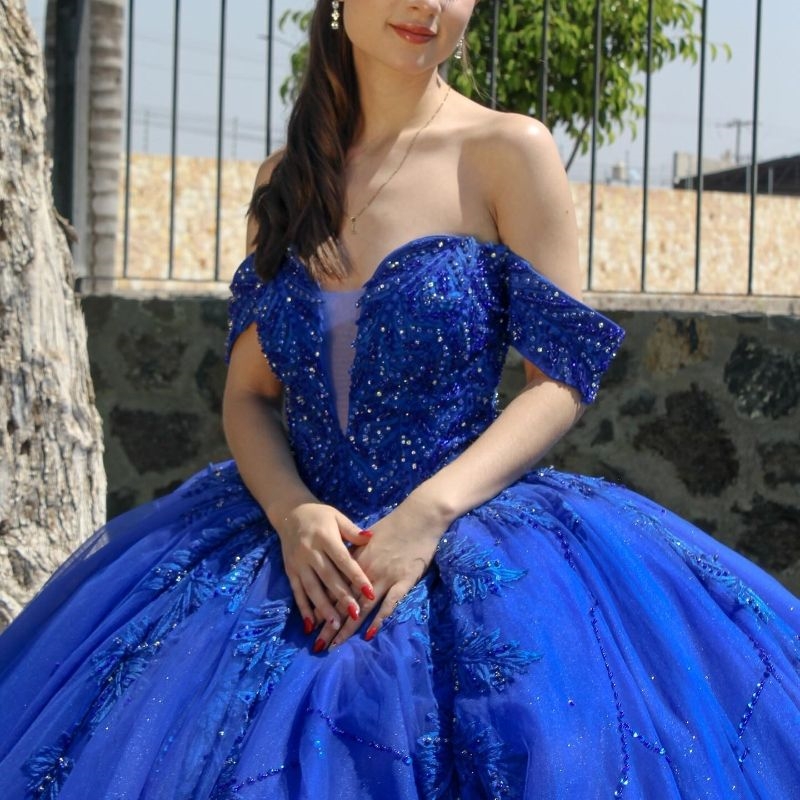 Royal Blue Shiny Ball Gown Quinceanera Dresses Off The Shoulder Appliques Lace Beads Tul Birthday Party Vestido De 15 Anos Sweet 16 Dress
