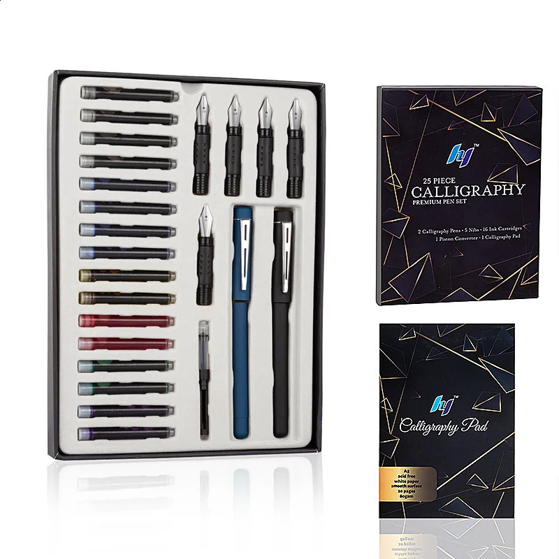 25 Piece Calligraphy Pen Writing Set 2 Fountain Pens 5 Nibs 16 Ink Cartridges for Art Gothic Flower Font English Sketch Drawing 240902
