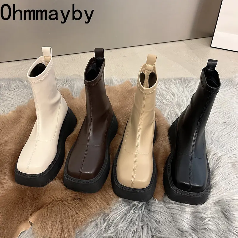 Chunky Winter For Women Square Toe Shoes Fashion Slip On Platform Thick Sole Short Boots 2024 Ladies Ankle Booties 2907