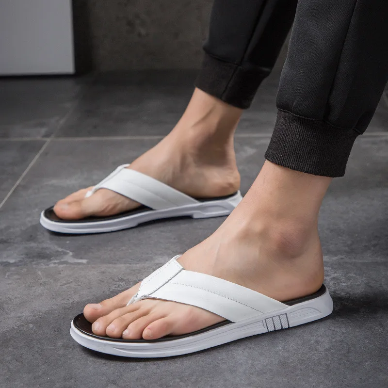Trend Men Flip-flops Leather Slippers Casual Beach Summer Shoes Male Flat Non-Slip Comfortable Classic Black Slides Plus Size
