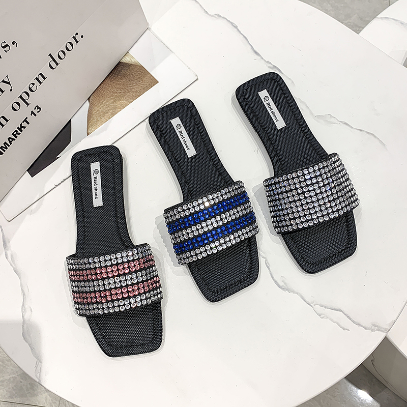 shiny designer crystal slippers women flat heel outdoor slides summer shoes bg sandalias open toe glitter flip ps afcd