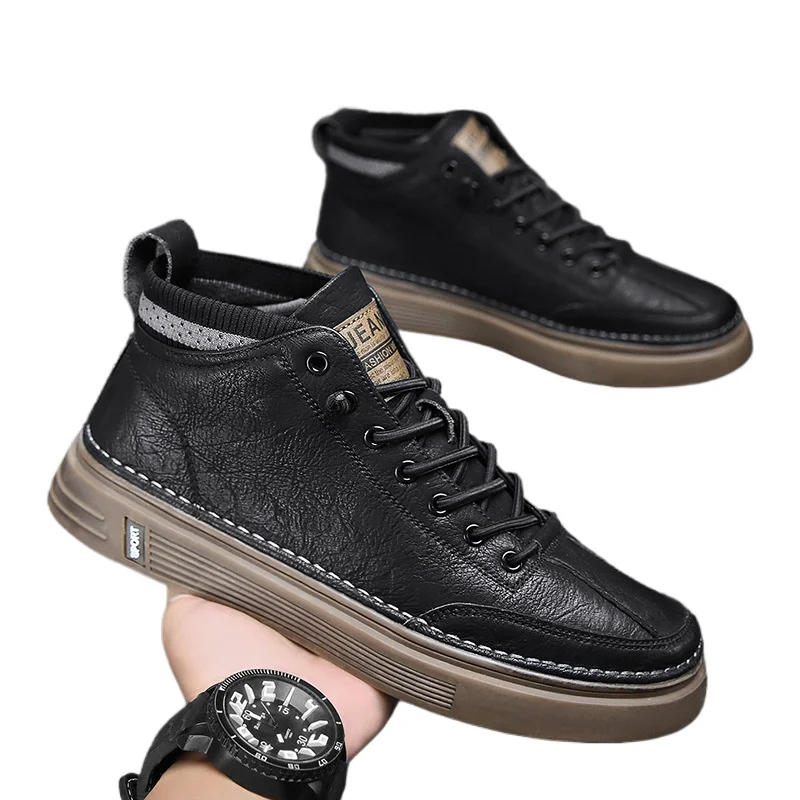 Trend Men's Casual Leather Shoes New Shoes for Men High-top Black Casual Male Sneakers Platform Ankle Boots Tênis Masculino