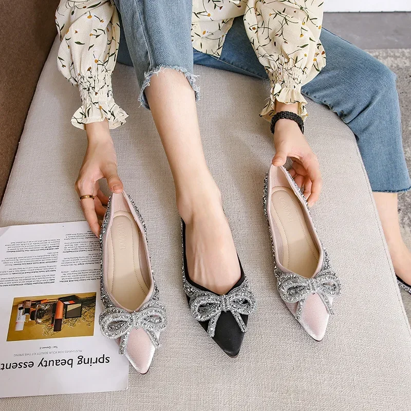 2025 NEW Flats Ballet for Women Fashion Rhies Bow Flat Footware Female Plus Size Moccasin Boat Shoes Chaussure Femme a