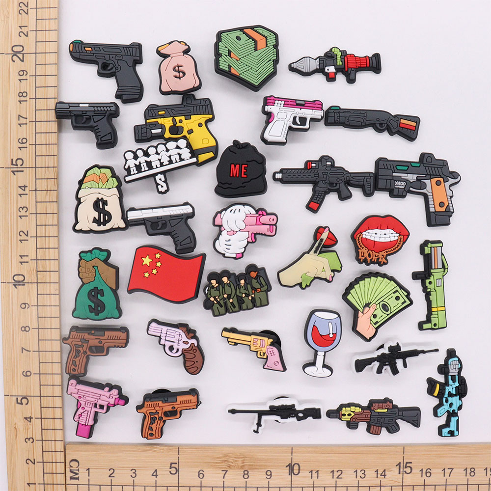 1-32PCS PVC Fashion Shoe Charms Gun Buckle Clog Accessories Hole Slipper Decoration Fit Wristbands Ornaments Kid Party Gift