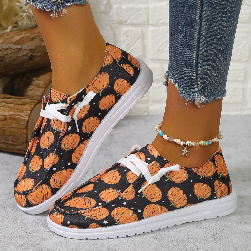 Halloween Print Pumpkin Flats Women 2024 Spring Autumn Canvas Woman Design Lace Up Cotton Shoes Plus Size 43 0e22 fcf5