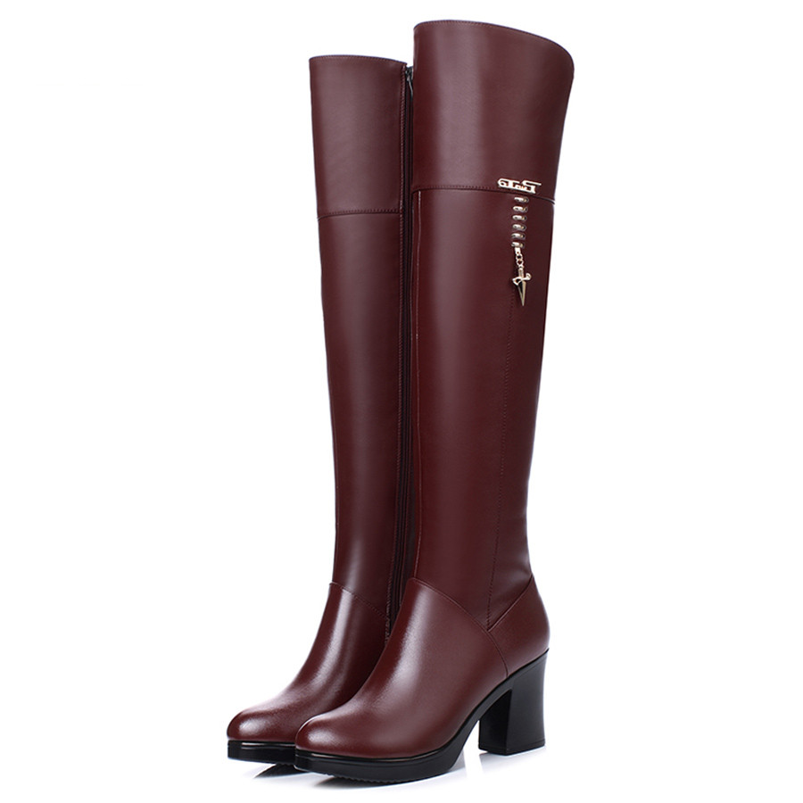 Women's Knee Length Boots 2024 New Genuine Leather Long Boots Women Winter Fur Knee Boots High Heel Women Motorcycle Boots