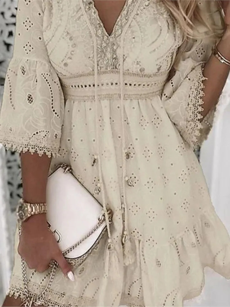 Elegant womens white hollow lace mini dress summer V-neck patchwork lace one-third sleeve womens vacation beach dress 240903