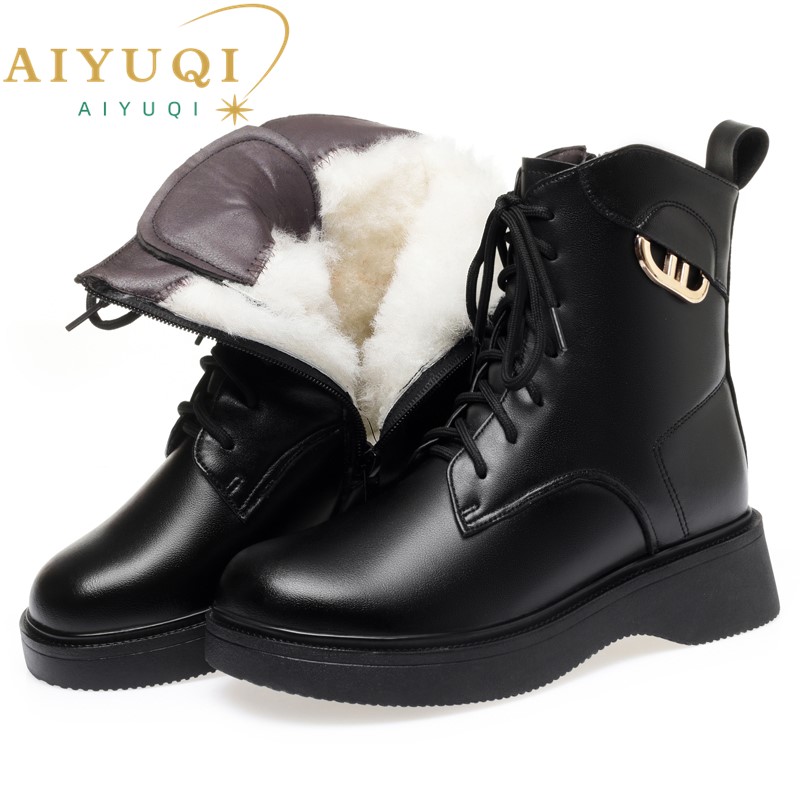 AIYUQI Women's Winter Boots Wedge 2024 New Natural Wool Warm Ladies Short Boots British Style Women's Motorcycle Boots