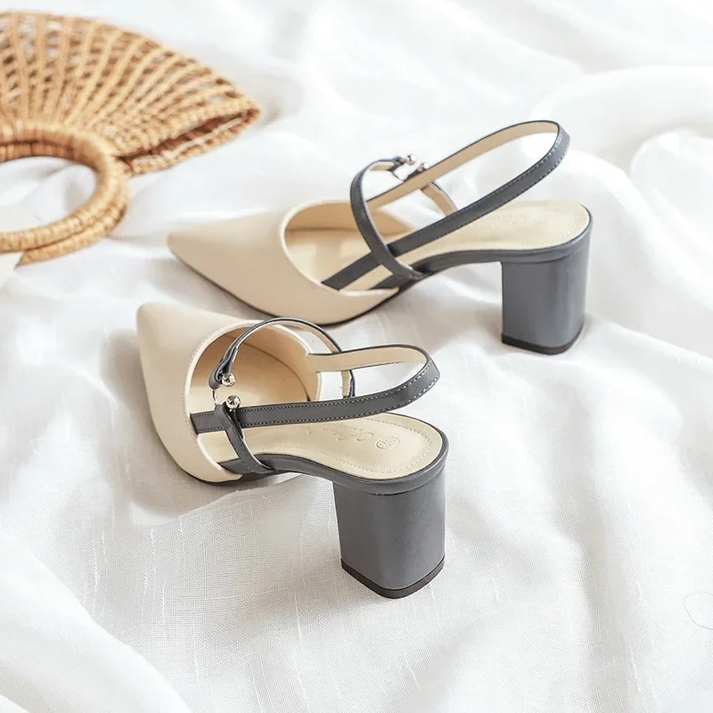 2025 NEW Pumps for Summer Elegant Chunky High Heels Pointed Toe Baotou Solid Ladies Shoes Female Sandals atillas Mujer ff