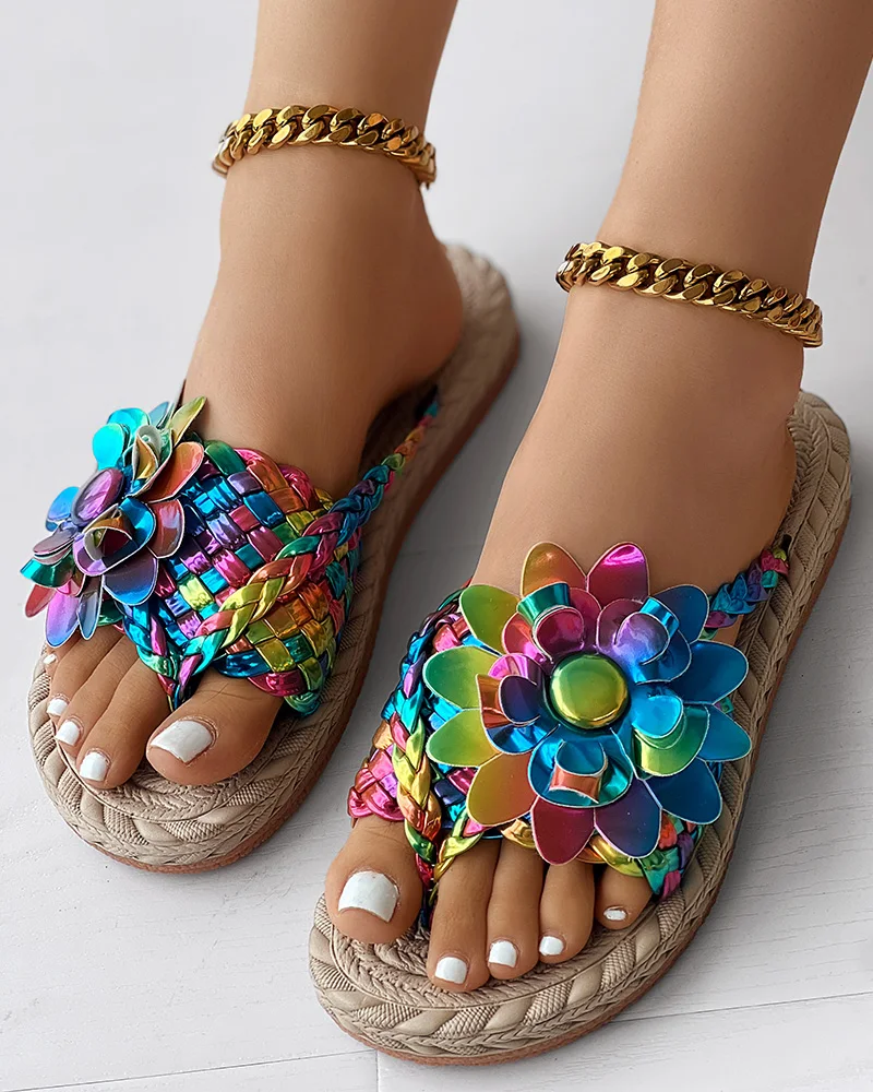 Women's Casual Flip Flops with Braided Holographic Straps and Floral Toe Post Design Comfortable Flat Sandals for Beach and Vacation Wear