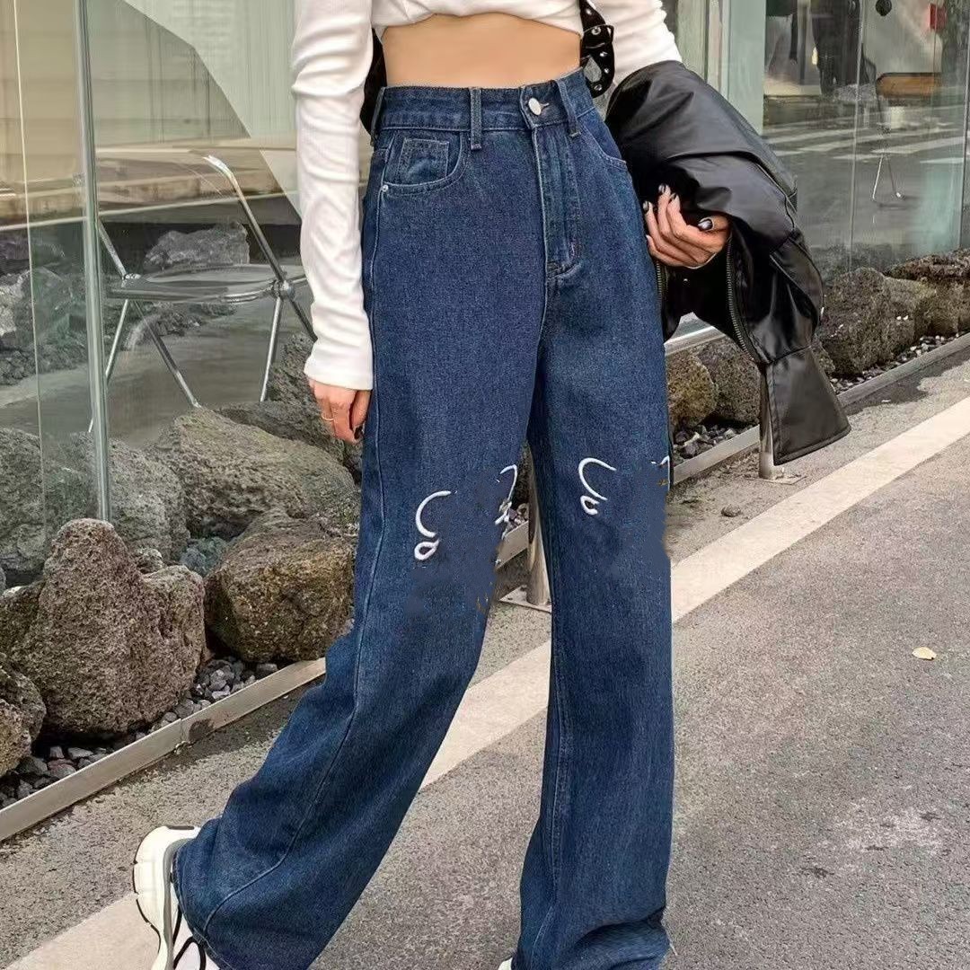 Women's spring new design denim jeans floral embroidery loose long pants trousers SMLXL