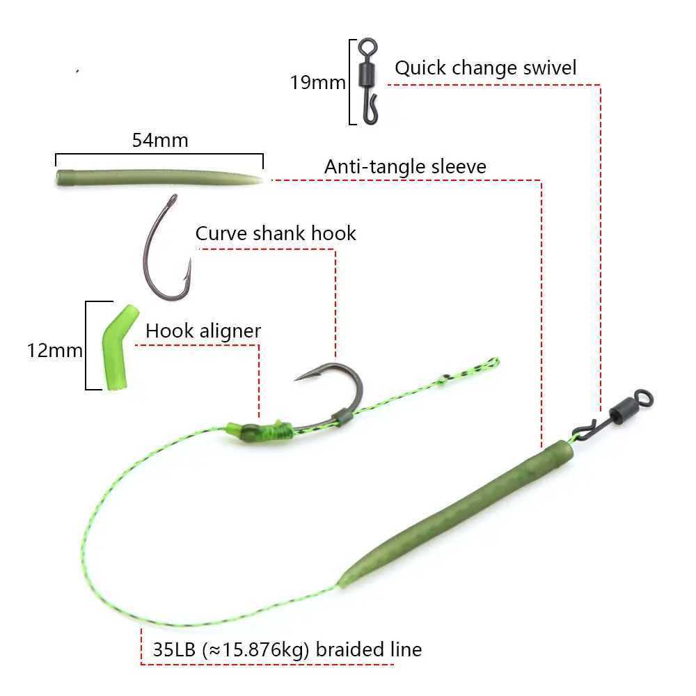 6 Carp fishing gear accessories ready-made hair tie with hook 35 pound braided fishing line QC swing sleeve Carp TackleW240903