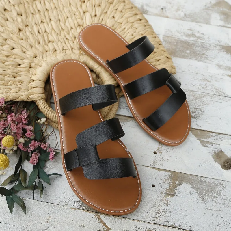 Solid Summer Color Flat Sandals Popula 2024 Open Toe Outdoor Slippers Beach Women's Shoes Plus Size atos De Mujer Slides 12fe 23f