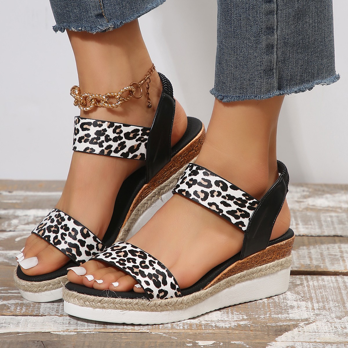 2025 new Sexy Fashion Leopard Wedge Heel Sandals Women Elastic Band Thick Bottom Sandles Outdoor Non Slip Femme Sandalias 69ac
