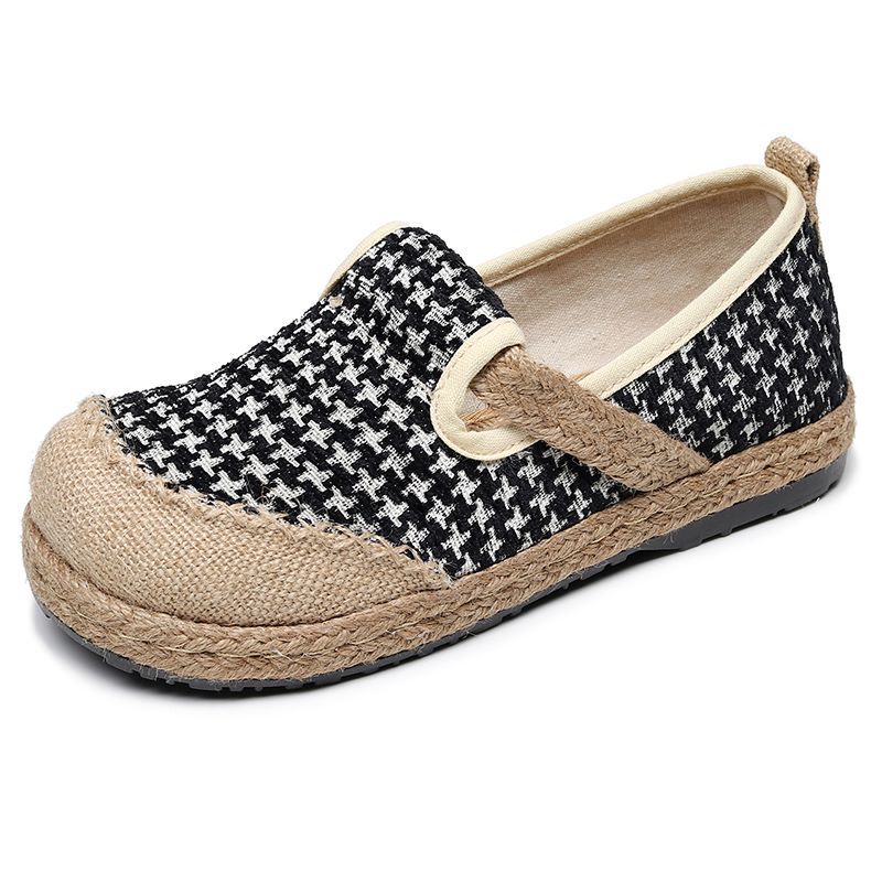 Embroidery Houndstooth Women Handmade en Cotton Slip On Loafers Ladies Casual Comfortable Sneakers Flat Hemp Shoes 2024 1198