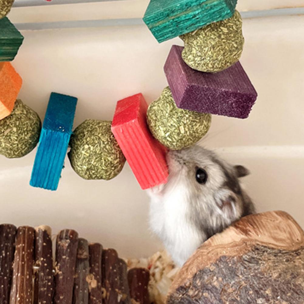 Hamster Chew Toy with Hanging Hook Natural Wood Grass Ball Rabbit Chinchilla Guinea Pig Gerbil Pet Bite Toy Decor Ring Small Ani