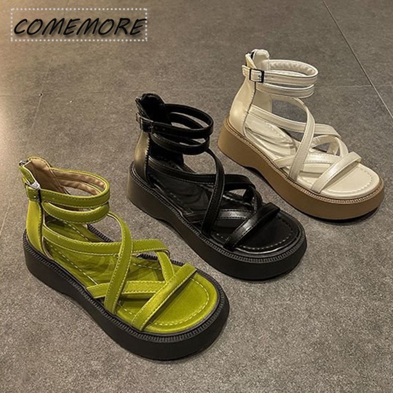 Women's Sandals Platform High-heeled Black Green Casual Shoes Hollow Out Female Roman Open Toe Buckle Strap PU Sandals 2024 New