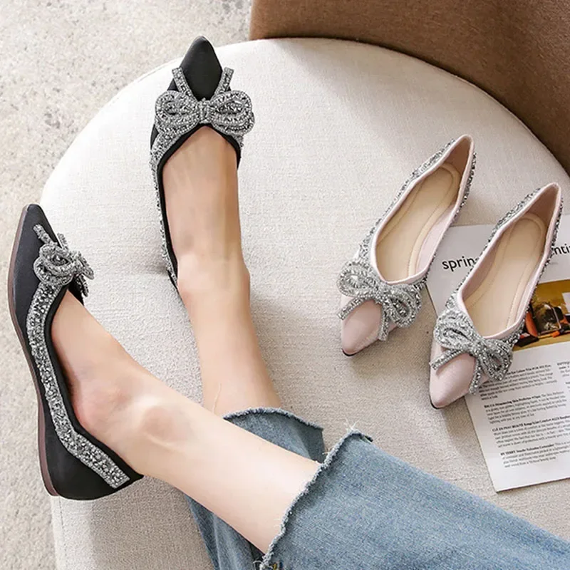 2025 NEW Flats Ballet for Women Fashion Rhies Bow Flat Footware Female Plus Size Moccasin Boat Shoes Chaussure Femme a