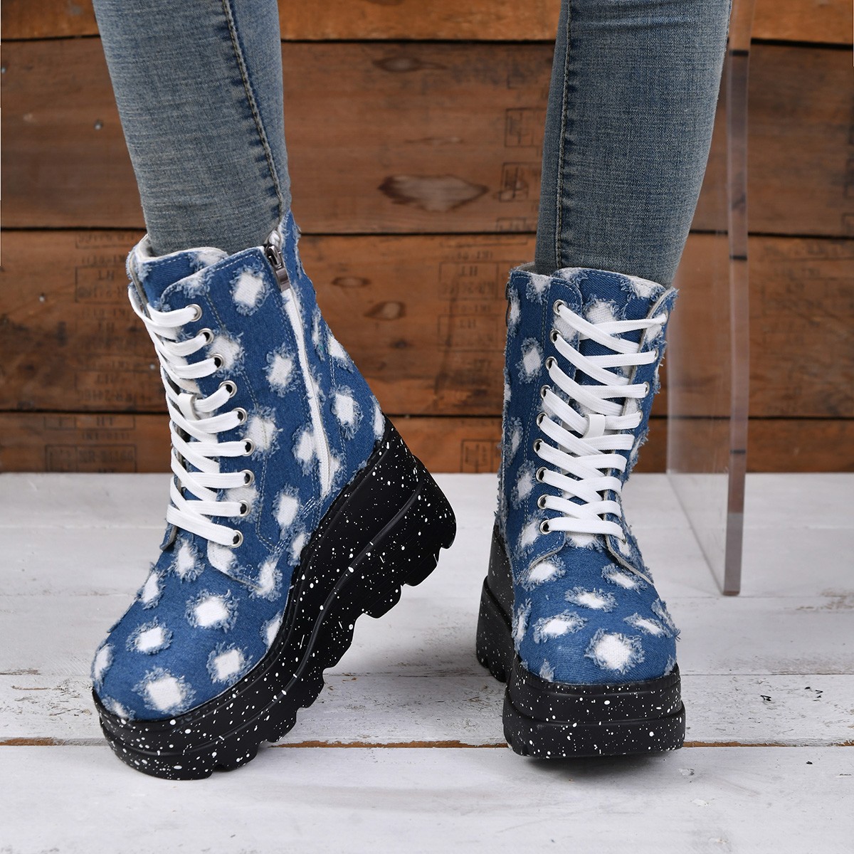New Canvas Denim Women Shoes Elevated Wedges Short Plus Size 43 Casual Mid Length Boots atos De Mujer 2023 a5b4