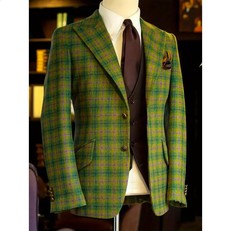 Mens Allover Stripe Plaid Print Long Sleeve Classic Lapel Two Button Suit Jacket Banquet Business Occasion Old Style 240902