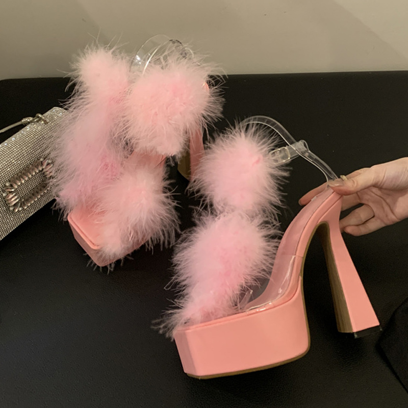 2025 new Liyke Summer Fashion Pink Fluffy Feather Square Toe Chunky Platform Sandals Women Wedding Banquet Shoes Super High Heels 85ff