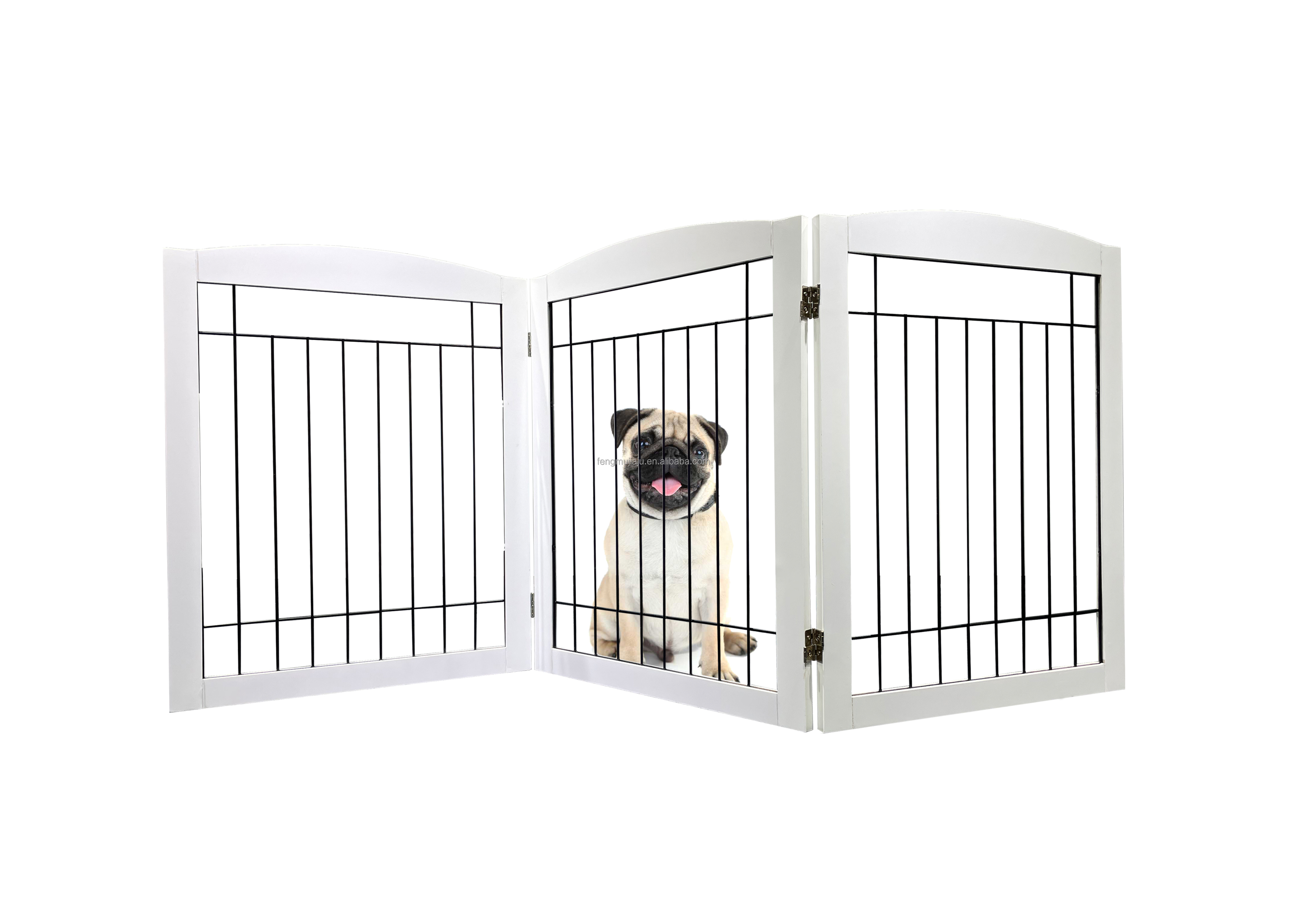 OEM design wooden or MDF dog Barrier Fence for pet gate indoor Barrier Foldable Stair Free-standing Pet Gate for Dog Wooden Dog