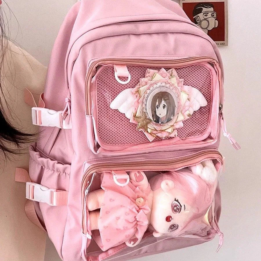 Y2K Japanese high school girl backpack transparent pocket Itabag for doll pin display board laptop Mochilas Ita bag 240903
