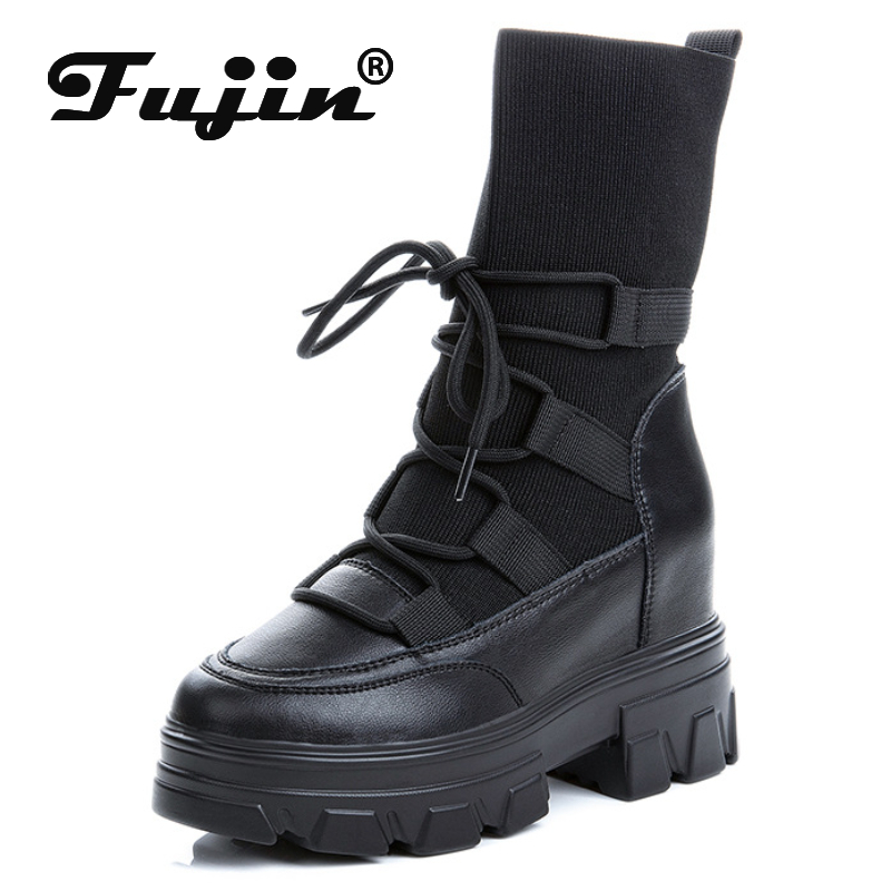 Fujin 8cm Thread Weave Synthetic Genuine Leather Snow Ankle Booties Platform Wedge Women Warm Autumn Winter Shoes Plush Boots