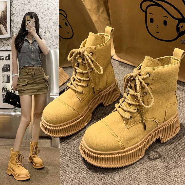 Short Boots Motorcycle Women Fashion Lace Up Ankle Booties Street High Platform Thick Heels Ladies Autumn Winter Shoes 01e0