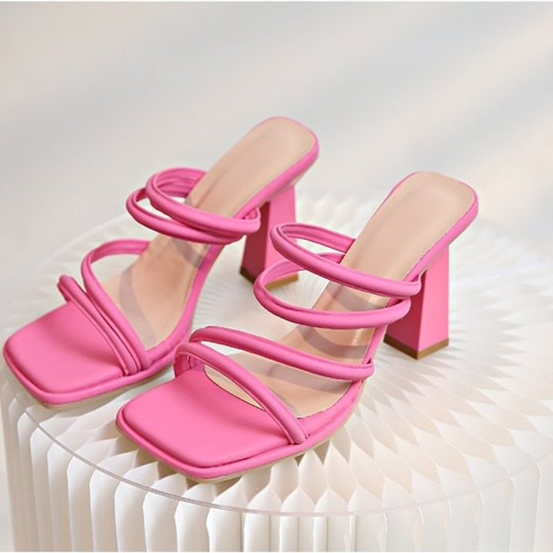 New New Summer Women's Slippers Square Toe Narrow Band Solid Casual Sandals Waterproof Block High Ladies Shoes 265c