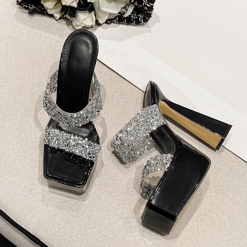 Sexy Liyke Thick Bottom Platform Slippers Women Glitter Sequined Transparent Strap Sandal Female Party Dress Shoes High Heels 58c4 dd9
