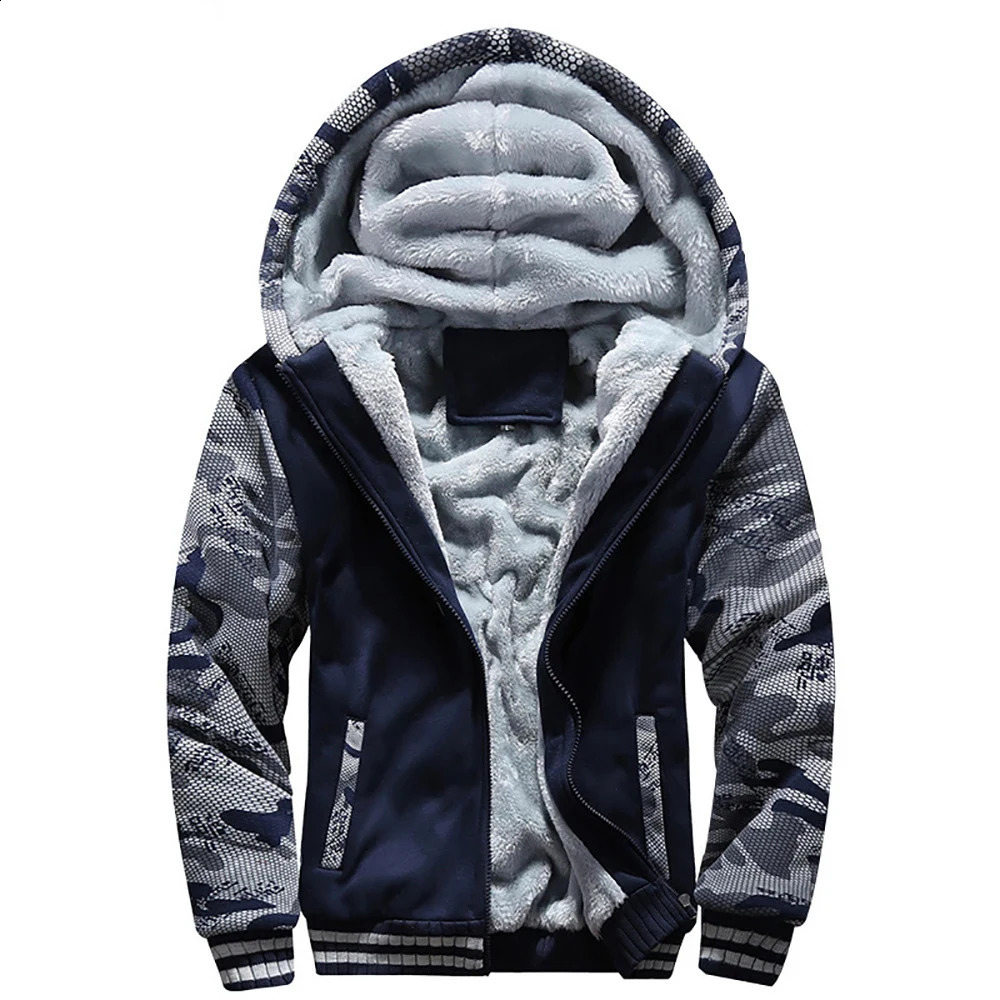 Mens Winter Warm Zipper Jacket Mens Thick Wool Jacket Camouflage Zipper Hoodie Solid Color Street Clothing Outdoor Hoodie 240902