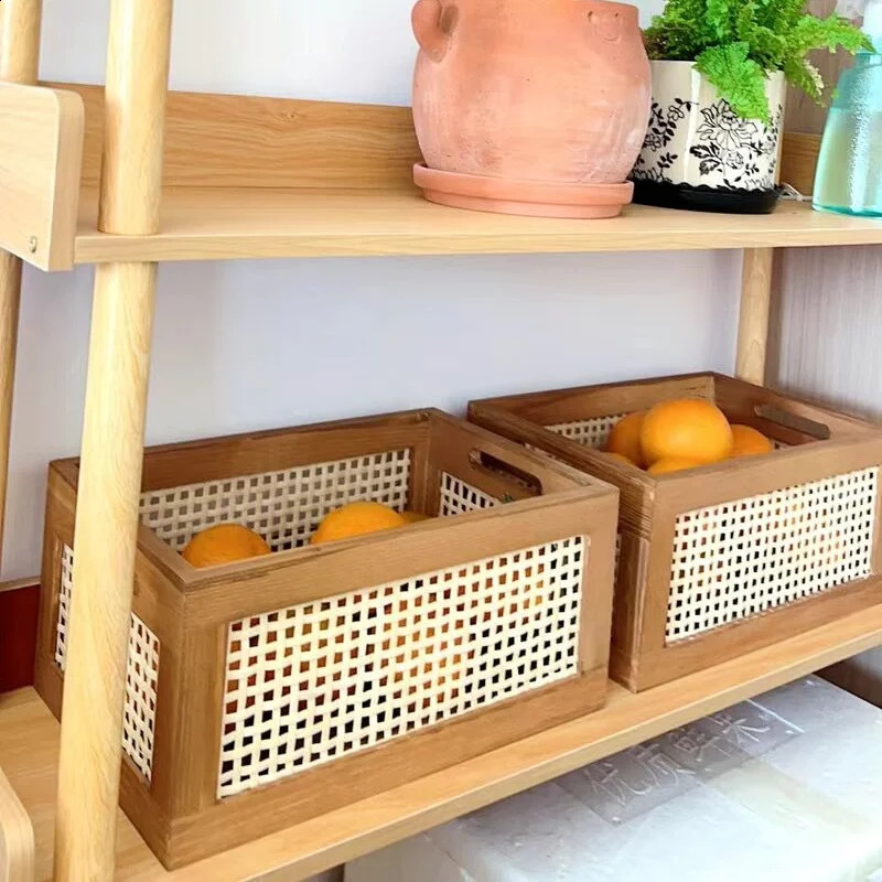 Vintage solid wood storage box desktop Rattan basket book snacks fruit cosmetics organizer box home bathroom kitchen basket 240903