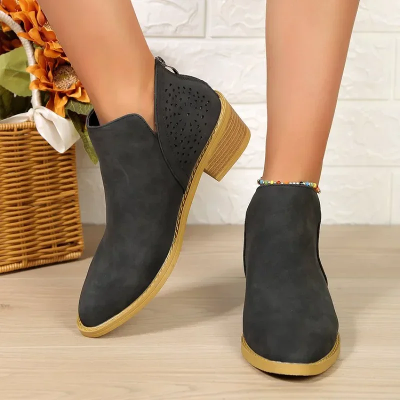 British Women Pointed Toe Thick Heels Female Fashion Short Hollow Designer Platform Ankle Boots 2024 4b43