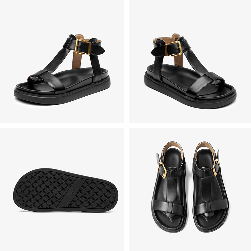 BEAUTODAY T-Strap Sandals Women Genuine Cow Leather Buckle Strap Solid Color Leisure 2024 Summer Ladies Shoes Handmade 32429