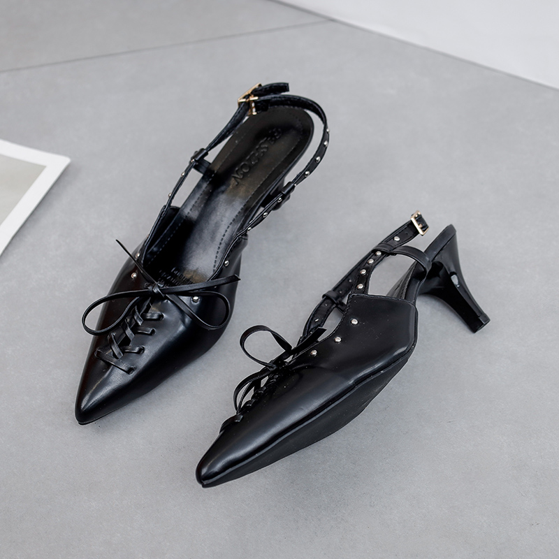 bow-wrapped Strap sandals 2024 summer new temperament pointed head after empty low heel shoes stiletto high heels women 62f0 s