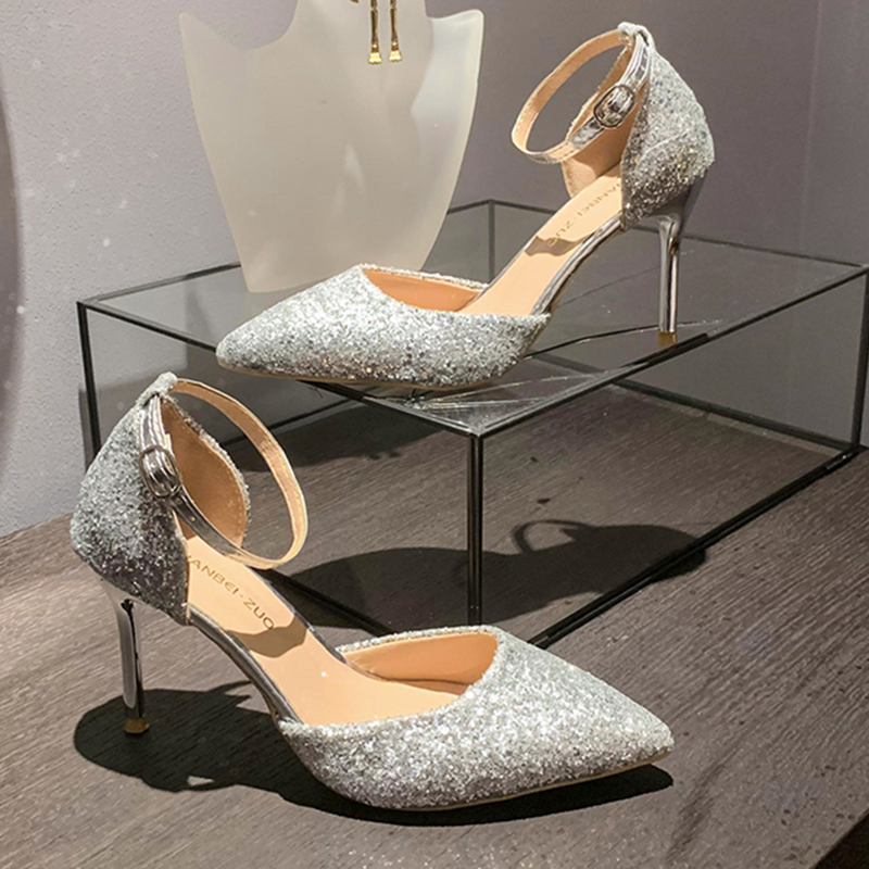 Heels High Wedding Bride Shoes New Quality 2024 Ankle Buckle Stiletto Heel Women Sier Sequins Pointed Toe Pumps Ladies 9E25